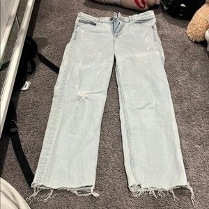 Blue Distressed Straight Leg Jeans with Frayed Hem